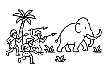 Woolly mammoth being chased by prehistoric hunters armed with spears