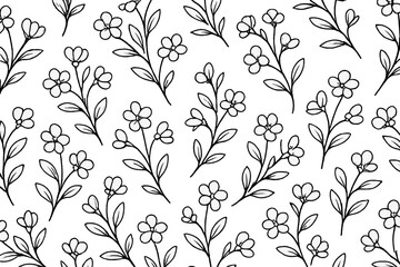 Delicate hand-drawn black and white floral sprigs and small blossoms seamless design