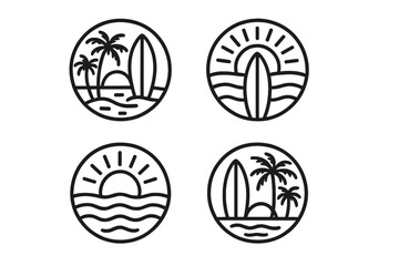 Minimalist circular emblems featuring surfboards, palm trees, sun, and ocean waves for summer vacation