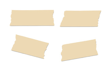 Realistic set of four ripped beige masking tape strips with jagged edges and subtle shadows