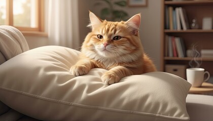 Fluffy Orange Tabby Cat Relaxing on a Cream Colored Pillow with Sunlight Streaming In And A Steaming Cup Of Tea On A Side Table
