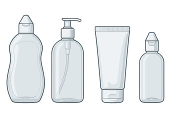 Blank transparent plastic packaging assortment for cosmetic, hygiene, or pharmaceutical liquids
