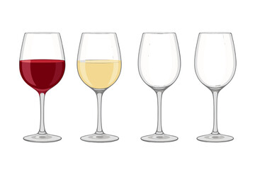 Four wine glasses showing red wine, white wine, and two empty glasses