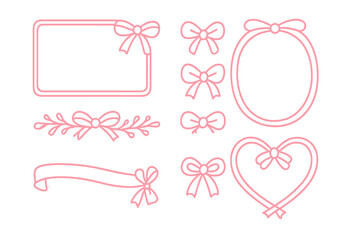 Pink outline decorative frames, ribbons, and bows element set for invitations and cards