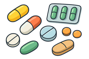 Colorful set of pharmaceutical capsules, tablets, and medicine blister packaging