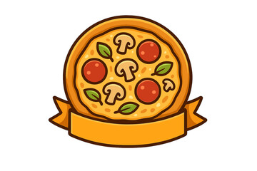 Whole round pizza with pepperoni and mushroom toppings resting on a blank orange ribbon template