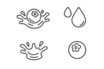 Outline icons set showing blueberry fruit splashing in liquid and water drops