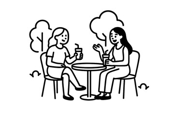 Two smiling women sitting together having a discussion over drinks in a park setting