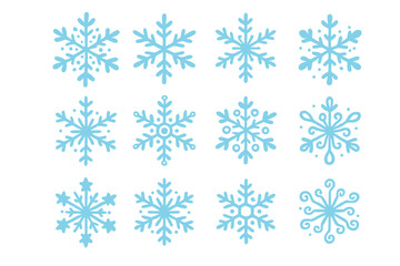 Twelve unique blue snowflake shapes for winter, cold weather, and Christmas holidays