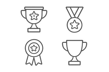 Outline icons of achievement awards including trophies, medals, and rosettes for success and competition