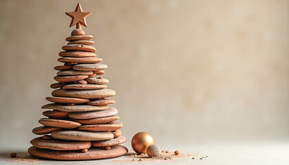 Stacked terracotta stones forming rustic christmas tree with wooden star topper on sandy surface beside bronze baubles against warm beige wall, cozy handmade eco holiday decor ???????