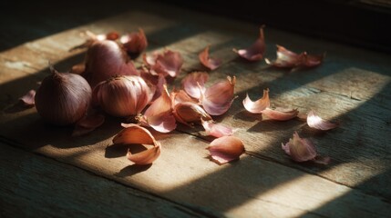 Fresh Shallots on Wooden Surface with Light and Shadow Play, Capturing Natural Textures and Colors in a Rustic Kitchen Setting