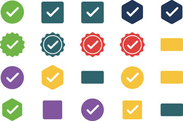 Diverse vector set of checkmark icons in multiple colors and shapes including circles, squares, hexagons, and badges, ideal for successful task completion or verified status symbols.