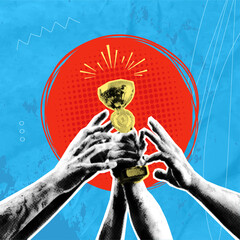 A modern pop art collage using halftone imagery depicting a hand holding a trophy and other hands reaching for it. Victory concept. Vector illustration.