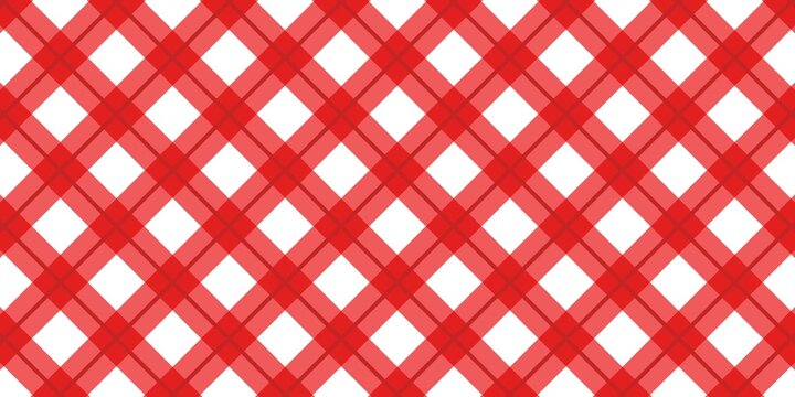 Seamless red plaid pattern with intersecting diagonal lines on a white background, creating a classic checkered texture ideal for fabrics, wallpapers, and decorative graphic designs.