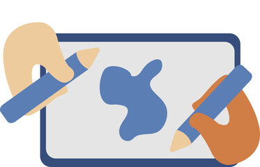 Digital art creation with two hands drawing on a tablet using styluses and blue abstract shapes