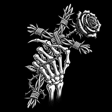 Skeleton Hand Holding Barbed Wire Rose Cross.