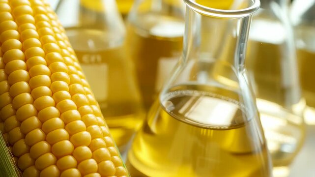 Fresh Yellow Corn Cob with Glass Laboratory Flasks Containing Golden Corn Oil in Scientific Setting