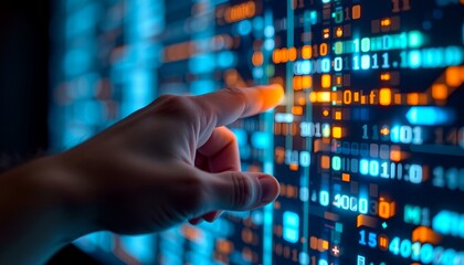 Analyzing Data with a Digital Touch: A close-up view of a hand pointing at a data screen filled with binary code