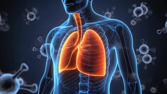 Animated human body respiratory system with glowing lungs and trachea interacting with floating virus pathogen particles.