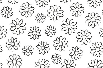 Hand-drawn daisy flowers seamless design with black outlines on a white background