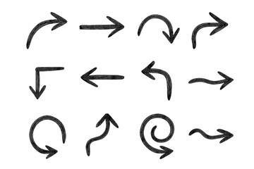 Set of textured charcoal arrows indicating direction, movement, and navigation