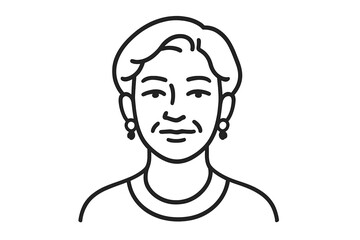 Simple line drawing portrait of a smiling senior woman wearing earrings for an avatar icon