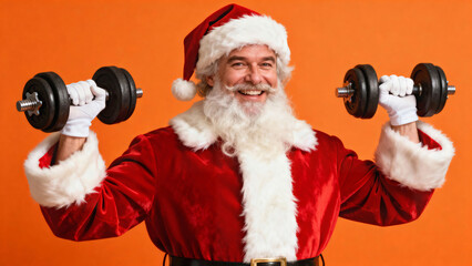 Smiling athletic santa lifts black dumbbells in red velvet suit and white gloves on orange studio background, senior caucasian man with snowy beard and mustache, concept of holiday fitness motivation
