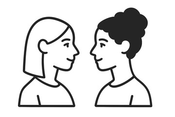 Minimalist profile view of two smiling people facing each other in conversation