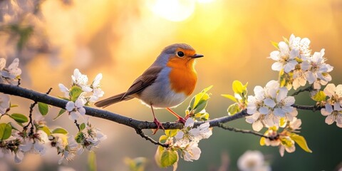 Fototapeta premium European robin perched on blooming tree branch at sunset during spring migration
