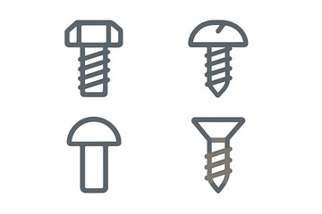 Set of construction fasteners including hex bolt, wood screw, carriage bolt, and countersunk screw