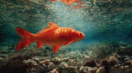 Orange freshwater fish swimming underwater over rocky riverbed with sunlight reflections clear water details 