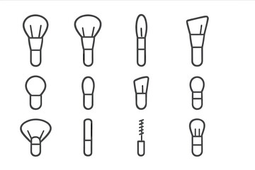 Collection of twelve outline icons showing cosmetic makeup brushes and beauty tools