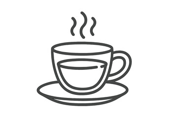 Minimalist outline drawing of a steaming hot beverage cup resting on a small saucer