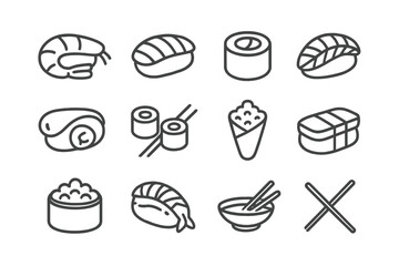 Japanese cuisine sushi and seafood outline symbols featuring nigiri, maki, and chopsticks © icon_art
