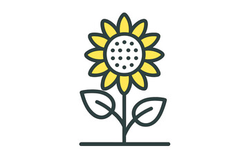 Stylized bright yellow sunflower with green leaves on a stem in simple graphic style