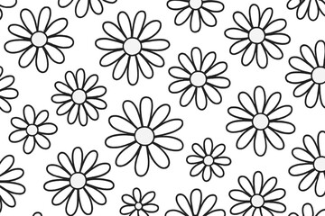 Seamless pattern of simple black outline daisy flowers on a white background