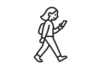 Young female student walking and texting on smartphone while wearing a backpack