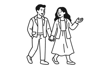 Happy young couple walking together holding hands and communicating casually