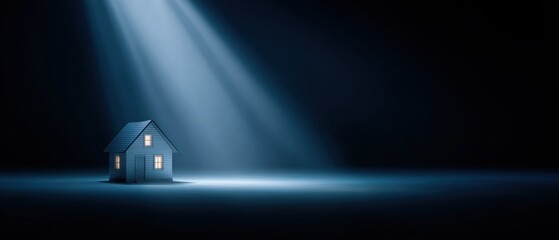 A small house on a dark background. light shining from above, Smart home banner