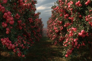 Red Apples Hanging in Orchard Rows