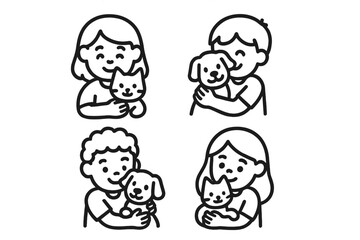 Smiling children embracing their beloved domestic pets, such as dogs and cats