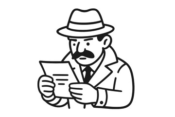 Man in trench coat and fedora reading a secret document or confidential information