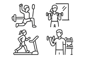Set of fitness activity icons showing people exercising with gym equipment