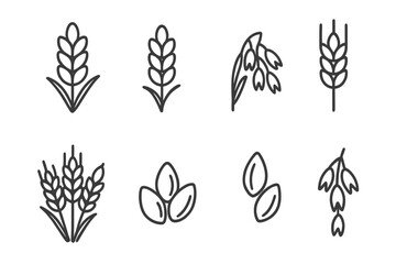 Fototapeta premium Line art icons depicting various cereal grains such as wheat, oat, and seeds