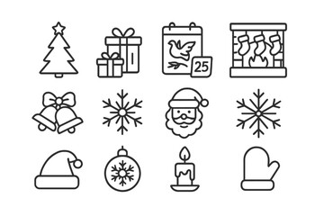 Set of linear symbols for Christmas, winter holidays, and seasonal celebration elements