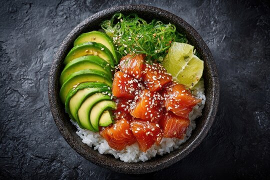 Fresh Salmon Poke Bowl with Avocado Toppings