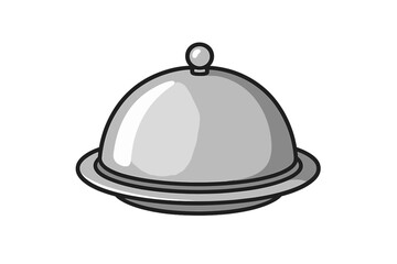 Shiny silver food serving cloche with handle on a plain white background