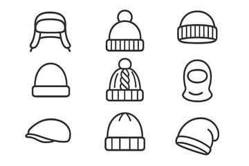 Set of winter and cold weather headwear line icons for apparel concepts