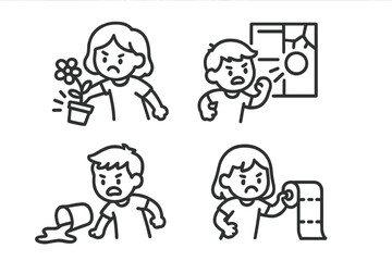 Set of angry children icons showing household mischief and bad behavior